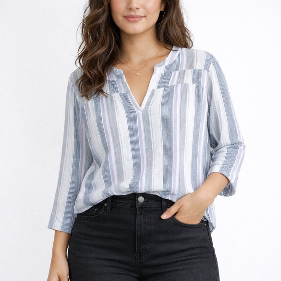 Splendid Tops - Splendid V-Neck Blouse Tunic Shirt Linen Striped 3/4 Sleeve Black White Size XXL